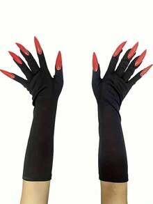 1pair Halloween Long Nail Ghost Gloves, Long Nail Role-Playing Arm Set, Black And White Design, Durable Polyester, Suitable For Theme Parties, Role-Playing Activities And Halloween Decorations, Halloween Costumes, Theme Event Accessories, Eerie Aesthetics, High-Quality Craftsmanship