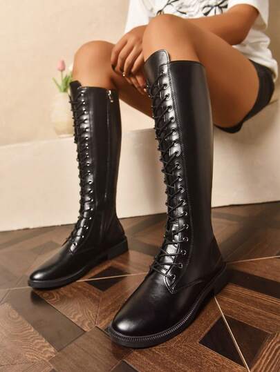 Damen Overknee-Stiefel, modische Herbst/Winter Schwarz Schnür-Reißverschluss Motorradstiefel, Overknee-Reitstiefel. Geeignet für den täglichen Gebrauch, den Besuch von Banketten, Partys, Modeschauen, Kniehohe Stiefel, Overknee-Stiefel und tägliches Schuhwerk.