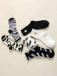 6 par damskich, personalizowanych skarpetek na jesień/zimę, z nadrukiem krowy, gwiazdą, haftem w paski zebry, długość do połowy łydki