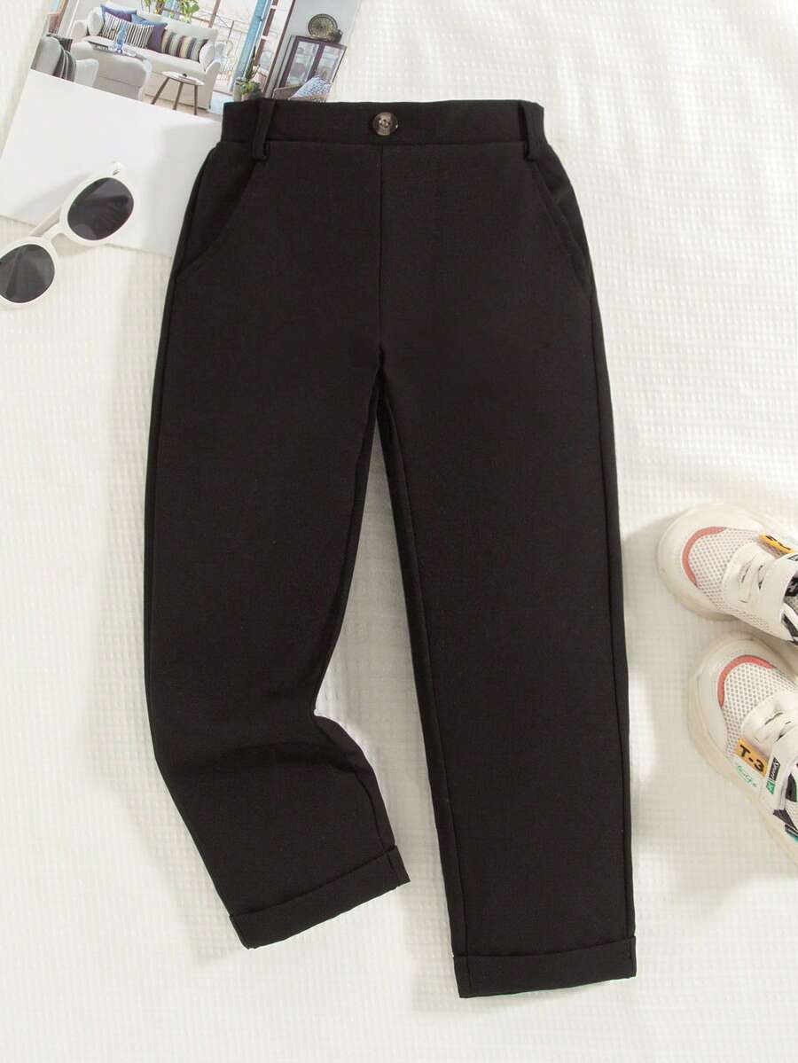 Pantalones casuales de unicolor para niños con cintura elástica, decoración de botones falsos y bolsillos, para primavera/otoño