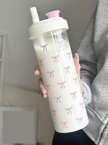 1pc Minimalist Pink Bow Decor 500ml/700ml Water Bottle, Faux Pearl Milk Tea Style Summer Cup, Portable High-Capacity Thick Straw Plastic Cup With Design, Suitable For Women And Students - Pink Bow - View 10