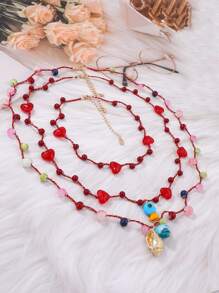1pc Heart Beaded Multi-Layer Necklace With Fashionable Seashell & Fish Pendant, Suitable For Beach Vacation - Small Fish and Conch Multi-layer Necklace - View 4