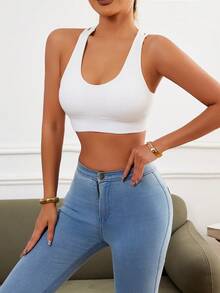 5pcs Solid Color Seamless Criss-Cross Back Sports Bras, Padded Wireless Women's Bras, Skin-Friendly Breathable Comfortable Sexy Ladies Bras & Lingerie