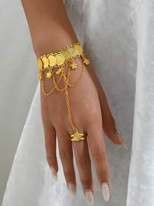 1pc Middle East Vintage Seed Coin Pendant Women Finger Hand Chain, Versatile Daily Accessory, Holiday Gift - Gold - View 12