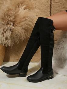 2025 Autumn/Winter New Women's Boots, Side Zipper Flat Boots With Metal Trim, Thick Sole Increased Height Knee-High Boots, Elastic Lycra Boot Shaft, Expandable Glossy Tall Boots For Women