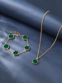 1 套男士商务时尚经典幸运四叶草项链和手链套装 - 五葉草 - 查看 8