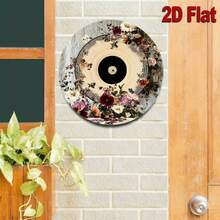 2D Flat - Room Decor Charming Floral Vinyl Record Design Metal Sign, Round Aluminum 2D Printed Decor, Vintage Wall Art, With For Home, Kitchen, Garden, Office - Unique Christmas Gift, Retro Metal - 彩色 - 查看 3