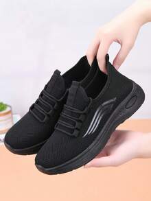 Giày thường ngày thoáng khí cho nữ, giày làm việc đế mềm chống trượt màu đen thoải mái, giày thể thao mũi tròn vải trơn màu, phù hợp cho mọi mùa - màu đen - Xem 10
