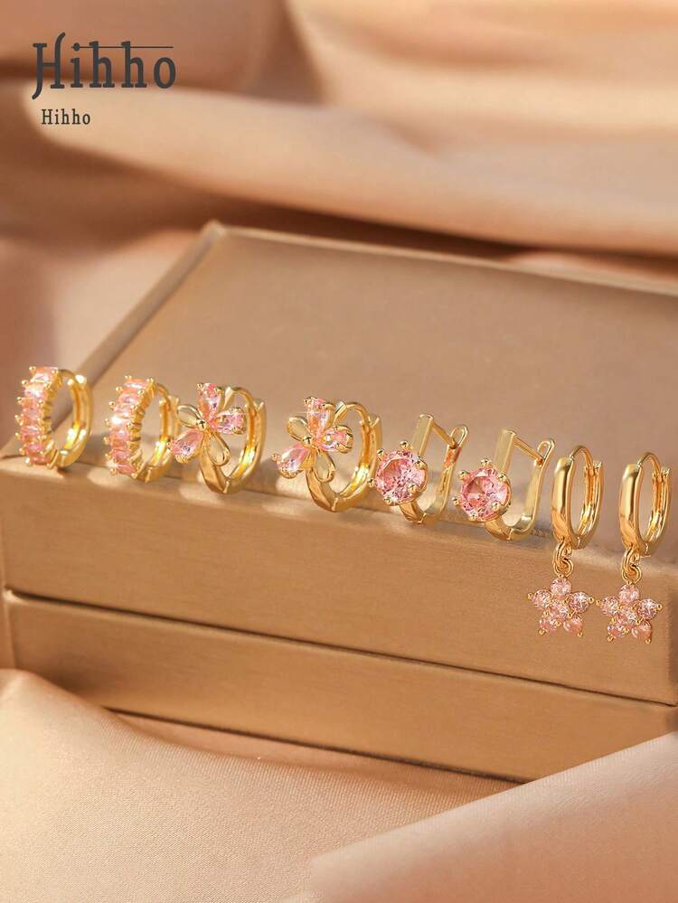 Hihho 8 件时尚简约闪亮粉色方晶锆石花朵耳环套装，5 瓣花朵设计搭配经典单颗锆石圈形耳环，女士奢华珠宝礼品套装 - 粉色 - 查看 1
