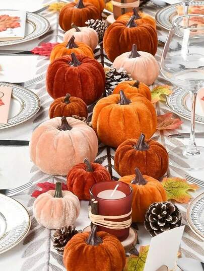 9pcs Artificial Pumpkins, Orange, Brown, Khaki Realistic Pumpkins, 3 Sizes For Flexible Placement, Velvet Material, Home Decor, Tabletop Decor, Centerpiece, Harvest Thanksgiving Decor, Halloween Party Decoration Halloween Decor Room Decor