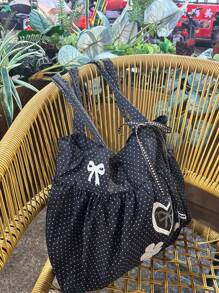 Borsa a tracolla in stile coreano in tela a pois, borsa da pendolare pieghevole di grande capacità per studenti universitari, borsa a spalla con design a nuvola con fiocco a balze