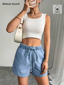 Mobula Sound# Sexy Music Festival Versatile Casual Vacation Elegant Fashion Style Women's Elastic Waist Loose Blue Denim Shorts, Spring/Summer - Blue - View 4