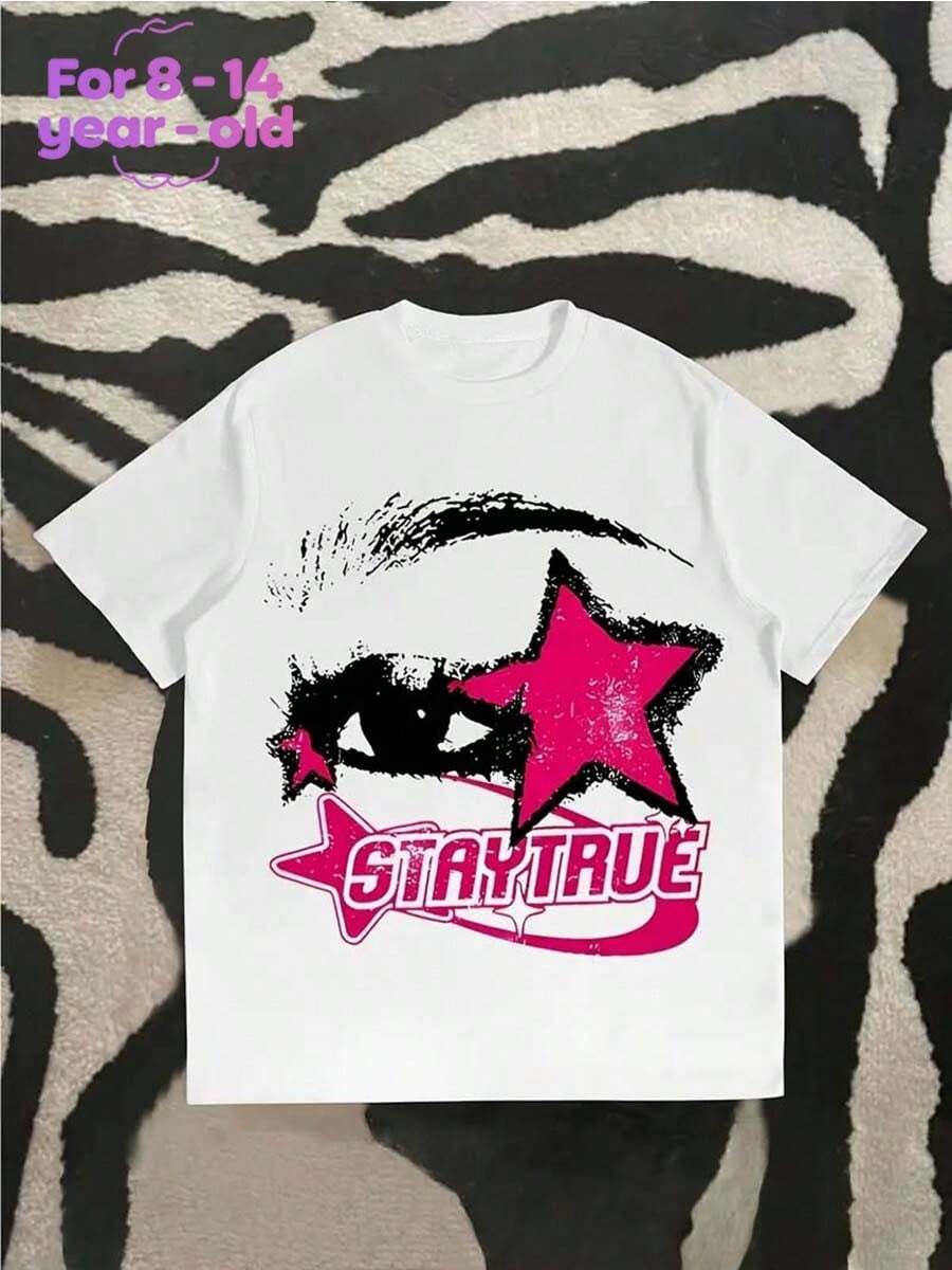 Teen Girl Graphic Tees Y2k Style T-Shirt With Stay True Star Graphic Print Short Sleeve Round Neck Breathable Fabric Teen Girl Shirts - 白色 - 查看 1