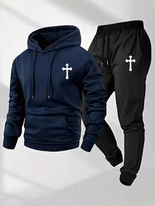 Bộ áo hoodie thu/đông nam | Họa tiết chữ thập | Trang phục thể thao thường ngày thiết yếu - Màu xanh hải quân - Xem 5
