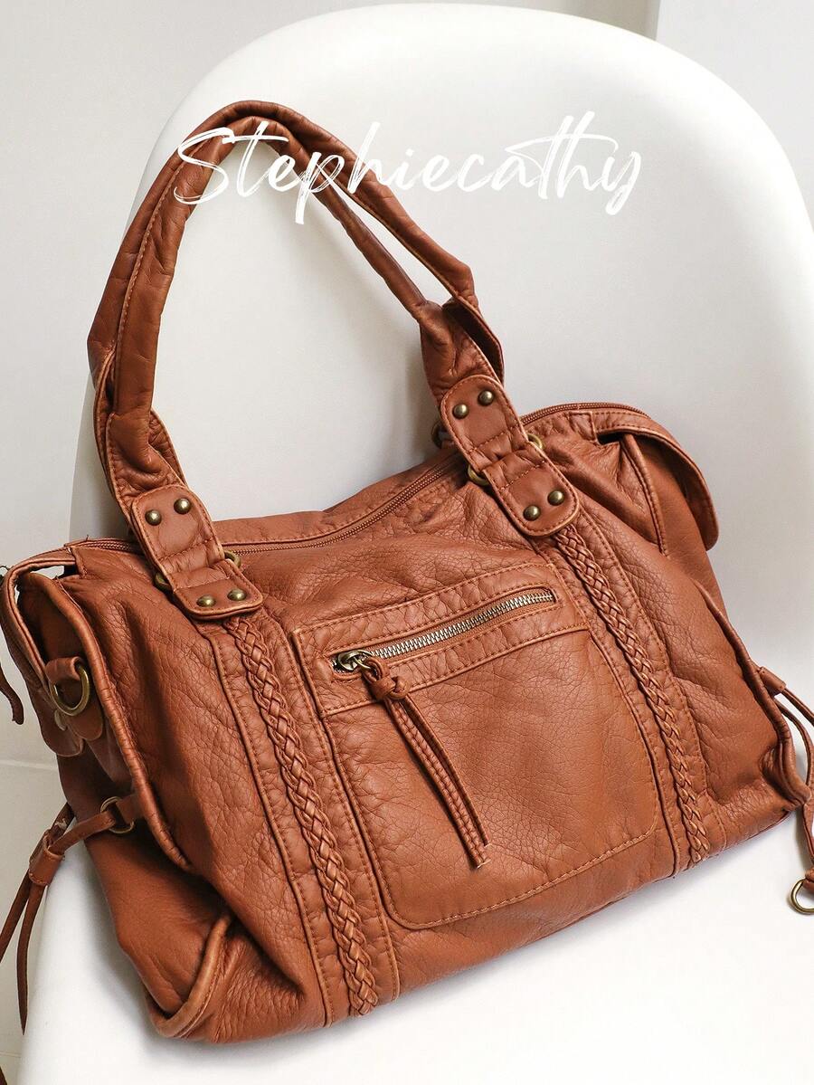 STEPHIECATHY 女士时尚休闲酷炫街头风格柔软刷洗 PU 人造皮革拉链开合拉链口袋编织装饰大容量适合 13 英寸笔记本电脑手提包可调节长肩带斜挎包日常大学通勤旅行多功能春夏 - 棕色 - 查看 1