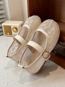 女童鞋！蕾丝网眼公主鞋，可爱针织刺绣款式，时尚平底鞋，舒适百搭 - 杏色 - 查看 5