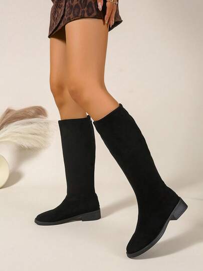 女士及膝靴，黑色绒面低跟弹力圆头后拉链秋冬时尚舒适靴子，平跟高筒靴，简约百搭靴子