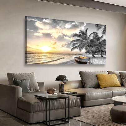 1 幅大型无框帆布墙画日落海滩墙画自然海岸海洋墙画印刷品适用于客厅卧室办公室装饰无框 50x100cm/19.68x39.37 英寸