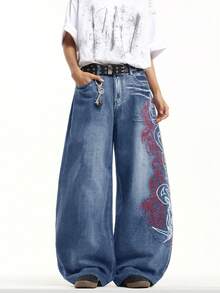 1pc Hong Kong Style High Street 3D Embroidered Floral Fashion Versatile Men's Washed Loose Wide Leg Jeans (Product Does Not Include Belt And Accessories) - Blue - View 7