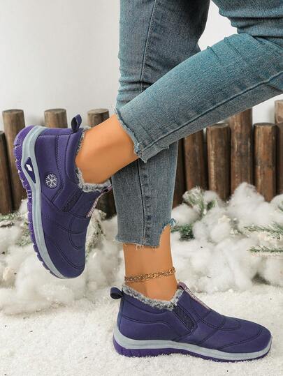 2025 Autumn/Winter New Women's Thermal Lined Casual Shoes, Non-Slip Slip-On Snow Boots With Snowflake Decor, Comfortable Winter Ankle Boots