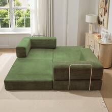 78.7" Foldable 3-Seater Fabric Sofa Bed With Square Armrests, Modular Compressible Living Room Sofa Set, Vintage Suede Comfortable Lounge Chair Sofa, Lazy Sofa (Bean Bag), And Bedroom Sleeper Sofa Bed - 綠色 - 查看 7