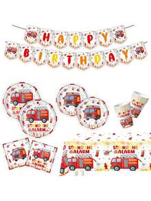 50Pcs Fire Truck Birthday Party Tableware Set With Happy Birthday Banner - Disposable 7/9" Plates & 9oz Cups For Kids'Party Decor - Multicolor - View 6