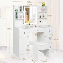 Tocador blanco de 6 cajones con espejo LED y taburete para dormitorio - Perfect For Organizing Makeup, Skincare, Elegant Vanity|Decorative Vanity, Vanity Furniture, Compact For Small Space, Bedroom Decor Gift, Perfect Gift For Women Girls , Ideal para regalos de Navidad y Halloween. - Blanco - Ver 3
