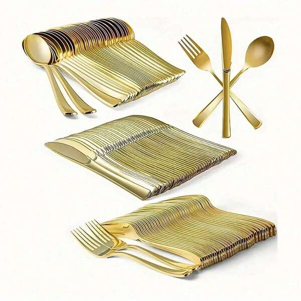 10/25/75/150 pièces Set de couverts à double ligne dorée, comprenant des couteaux, fourchettes, cuillères de service, cuillères, en alliage de chrome, convient pour la décoration de mariage, la décoration d'Halloween, les fournitures scolaires, les enterrements de vie de garçon, les ustensiles de cuisine, les fournitures de fête, le set de voyage, les cadeaux, les fêtes d'anniversaire, la remise des diplômes