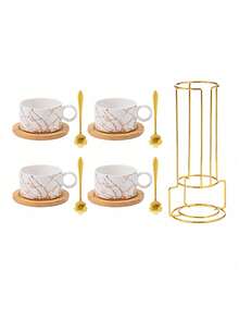 4pcs/Set Ceramic Marble Coffee Cup Set With Gold Stand, Including 4 Cups, 4 Saucers, 4 Spoons, Available In Turquoise Flower Design, 180ml Cappuccino/Latte Cups With Marble Pattern In Black Or White, Handled Espresso Cups