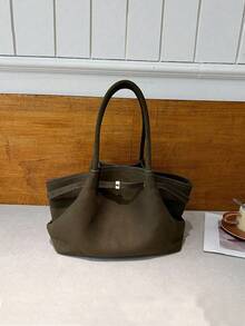 Dedoo 1个FEISTURE仿麂皮手提包，大容量纯色成熟优雅女士手提包，复古风格工作包，适合女孩、女性、大学生、上班族 - 墨綠色 - 查看 5