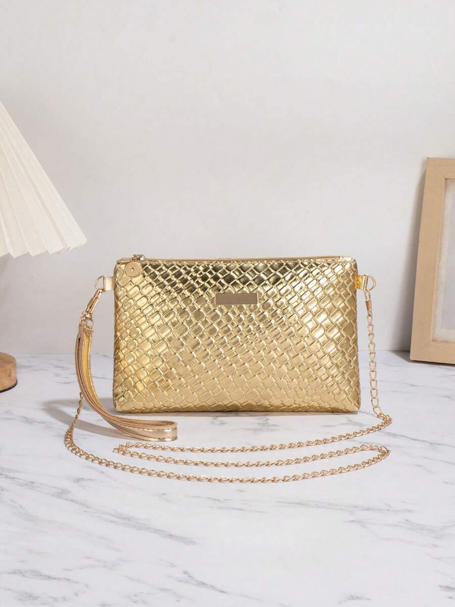 1pc Gold Crocodile Embossed PU Minimalist Clutch Bag With Metal Chain Shoulder Strap & Coin Purse