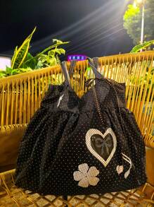 Borsa a tracolla in stile coreano in tela a pois, borsa da pendolare pieghevole di grande capacità per studenti universitari, borsa a spalla con design a nuvola con fiocco a balze