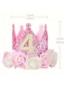 1 pieza Sombrero de cumpleaños para niños de 1 a 5 años, corona de fieltro con flores rosa y blanco con brillo, adecuado para cumpleaños, fiestas de Navidad y suministros para eventos