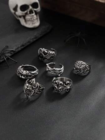 6pcs Punk Style Skull & Star Design Rings Set, Casual Everyday Wear For Men
