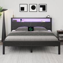 Bed Frame With LED Light, Industrial Platform Bed With Charging Station, 2-Tier Storage Headboard, No Box Spring Needed, Noise-Free, Strong Support Legs - 黑色 - 查看 1