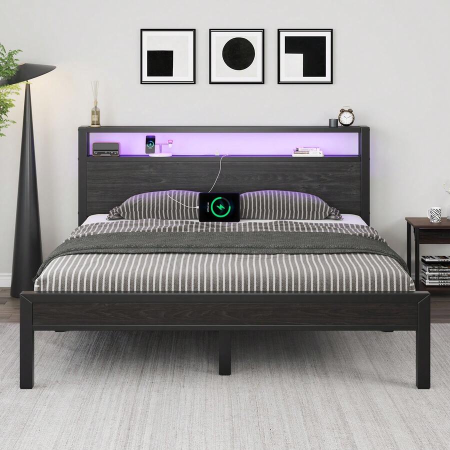 Bed Frame With LED Light, Industrial Platform Bed With Charging Station, 2-Tier Storage Headboard, No Box Spring Needed, Noise-Free, Strong Support Legs - 黑色 - 查看 1