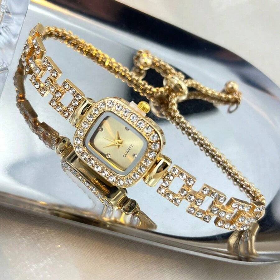 1pc Women's Square Shaped Gold Case Rhinestone Decor Watch With Diamond Studded Dial, Hip Hop Style Quartz Wristwatch With Adjustable Strap As A Gift For Students Returning To School - 金色 - 查看 1