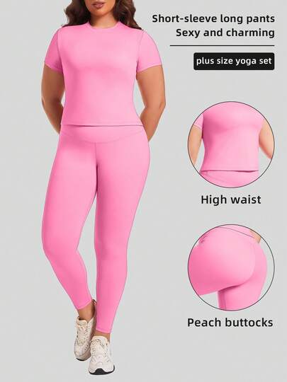 Plus Size 2Pcs Workout Women Sets, Short Sleeved Top & High Waist Slinky Leggings, Gym Active  Sport Leisurewear Daily Exercise Fitness Yoga Running Sportwear