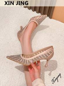 Xin Jing Shoes Women's Fashion Versatile Mesh Pointed Toe High Heel Pumps, Suitable For Commuting And Wedding - Khaki - View 2
