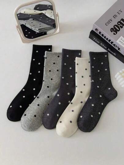 3/5/10 双女士随机波尔卡圆点纯色时尚简约中筒袜，柔软、舒适、透气、百搭，四季休闲运动，适合日常户外使用，秋季