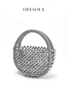 优雅镂空手工金属串珠珍珠编织圆形手提包，闪亮迷人手提包，适合派对、婚礼、仙女般 - 銀色 - 查看 2