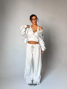 FWH Siluetă lejeră cu picioare largi, Cordon reglabil + Talie elastică, Buzunare laterale spațioase, Pantaloni de trening cu picioare largi pentru femei, Pantaloni casual cu talie elastică, Pantaloni sport supradimensionați, Pantaloni casual cu picioare largi pentru femei - Talie elastică cu cordon și buzunare laterale