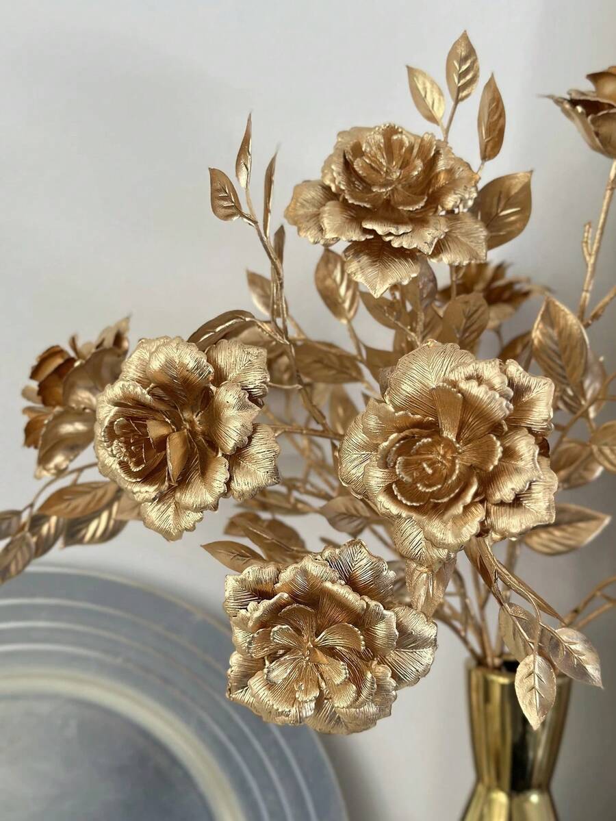 1/3 piezas Flor de rosa artificial de plástico chapado en oro de 60cm con múltiples ramas - Dorado - Ver 1