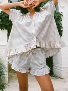 Women Plaid Set, Short Sleeve Ruffled Shirt With Elastic Waist Shorts Summer Outfit - 卡其色 - 查看 1