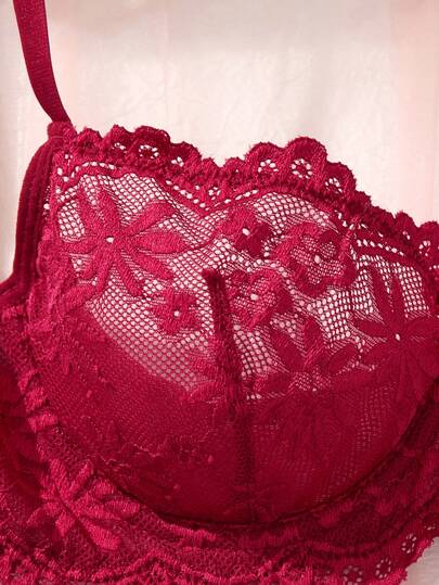 Rood Verleidelijke Set Steel Rim Kanten BH Underwear Two Pieces Flower Geborduurde Mesh Translucent Set, view 3