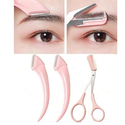 1/2件套眉毛修剪器套装，不锈钢弯头眉刀眉剪带梳子，适合初学者，适用于任何肤质，男女通用脱毛配件，理发店美发产品及配件，美容旅行必备，浴室配件