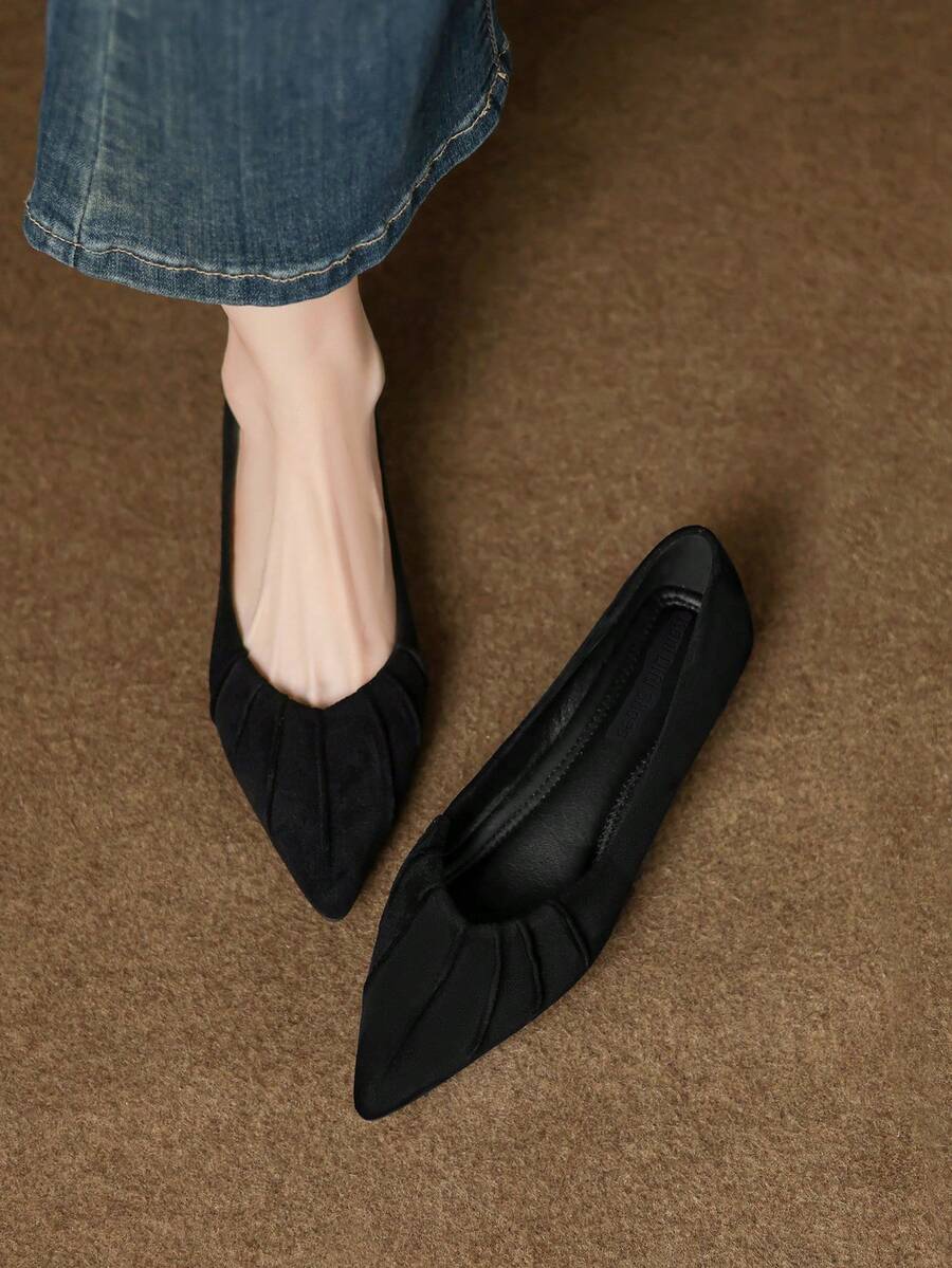 女士低帮休闲鞋，时尚户外厚底鞋，法式百搭优雅淑女鞋，舒适软底尖头平底鞋，一脚蹬褶皱平底鞋，舒适软底工作鞋，春/秋 - 黑色 - 查看 1