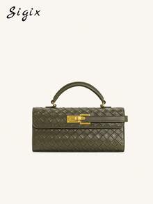 时尚小众设计编织手提包，法式优雅休闲方形单肩包，适合婚礼、派对、女士 - 綠色 - 查看 5