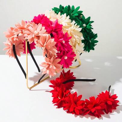1PC, Fashionable High-End Flower Headband Women, Handmade 3D Flower Dopamine Color Series Pearl Hair Accessory, Fashionable Parties, Daily Casual Use, Family And Friends