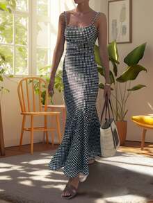 Summer Popular New Hot Style Fashion Casual Holiday Style Light And Elegant Ladies All-Match Slim Fit Out Home Travel Work Preferred Summer New Plaid Print Fashion Casual Holiday Style Women's Suspender Dress - 黑色 - 查看 2